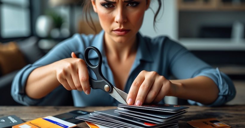 Woman showing how to escape credit card debt fast by cutting payment, budgeting, and side hustle tips.
