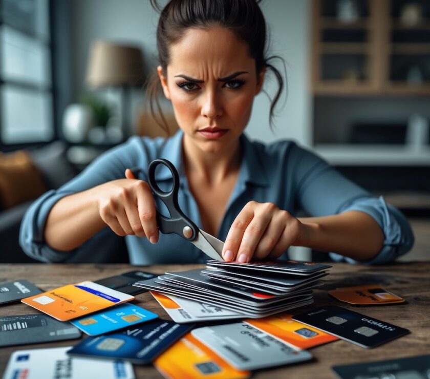 Woman showing how to escape credit card debt fast by cutting payment, budgeting, and side hustle tips.