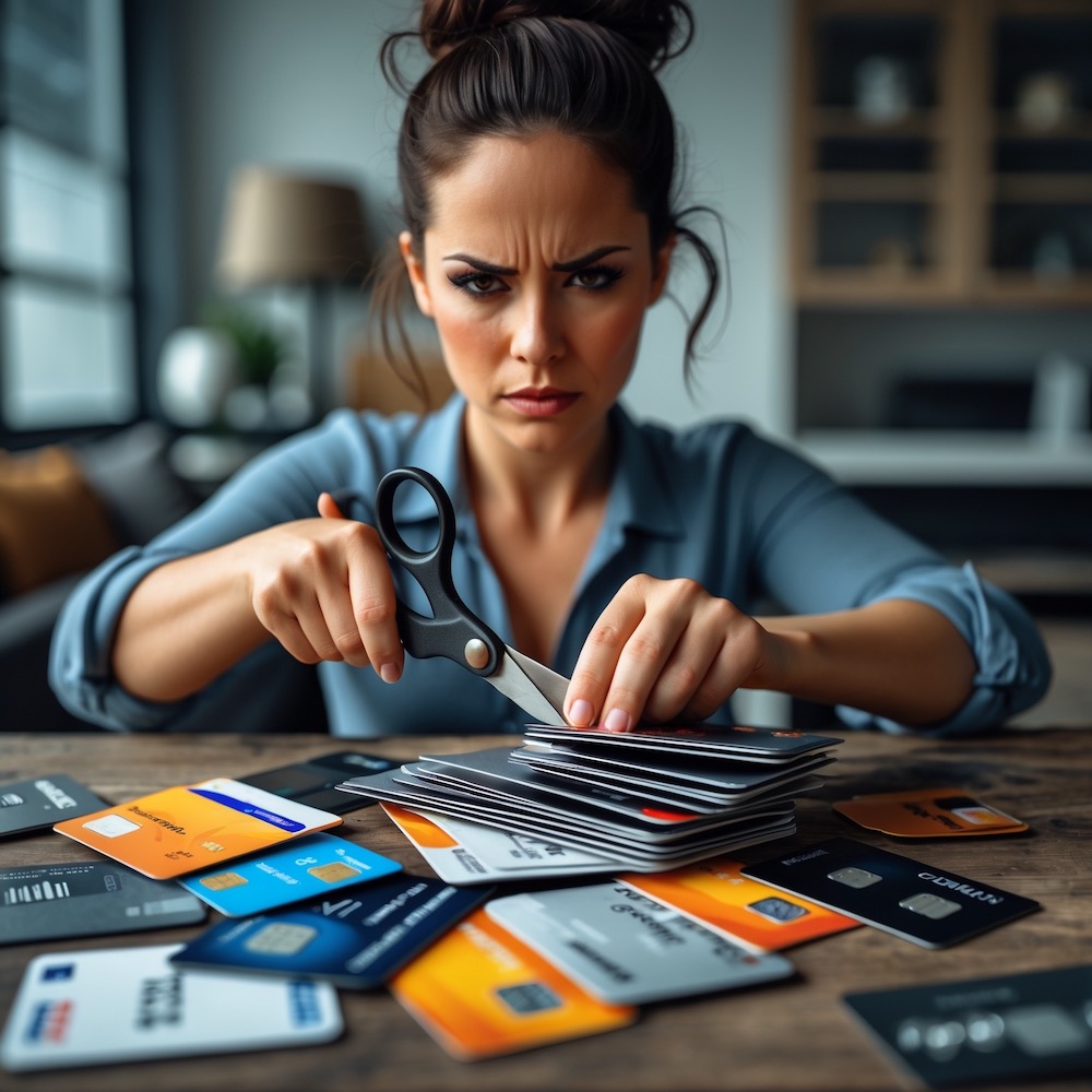 Woman showing how to escape credit card debt fast by cutting payment, budgeting, and side hustle tips.