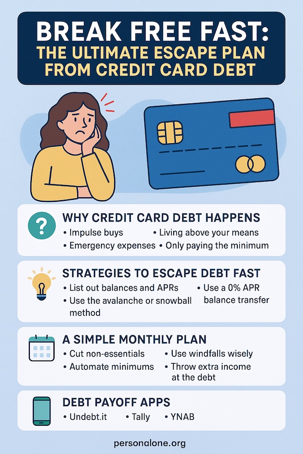 Infographic showing how to escape credit card debt fast with payment strategies, budgeting, and side hustle tips