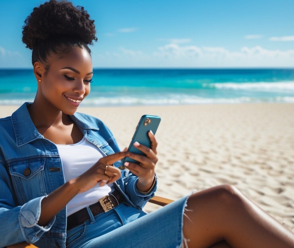 Gen Z user sitting on a beach searching FinTech Banks on smartphone