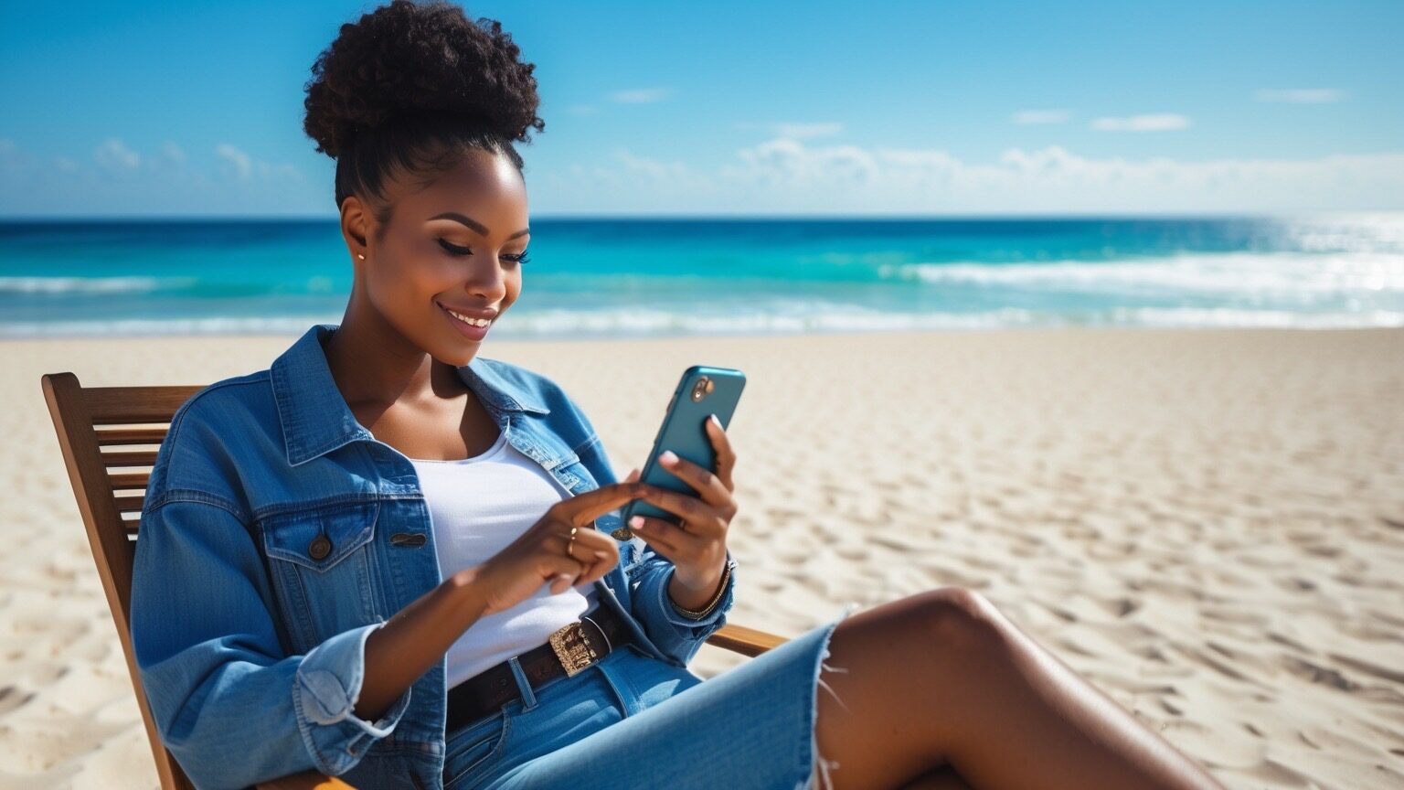 Gen Z user sitting on a beach searching FinTech Banks on smartphone