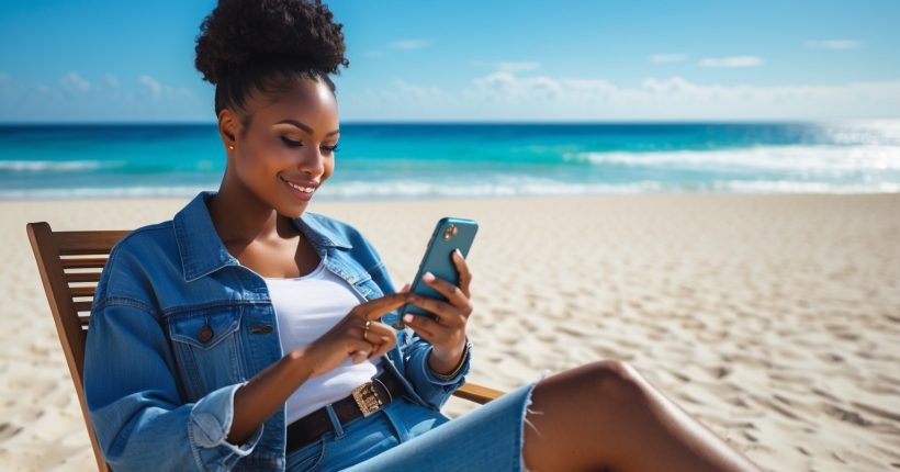 Gen Z user sitting on a beach searching FinTech Banks on smartphone