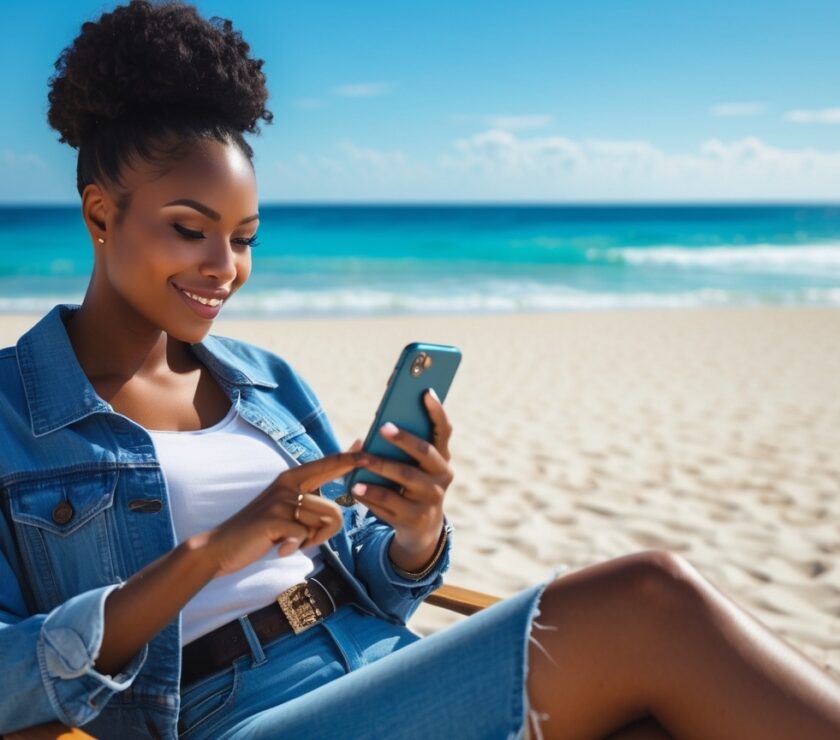 Gen Z user sitting on a beach searching FinTech Banks on smartphone