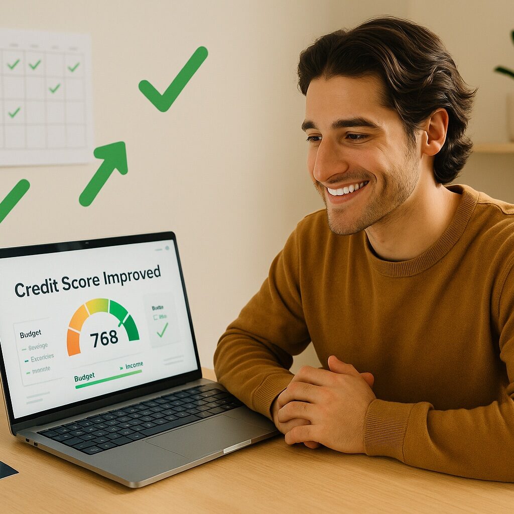 Person following fix your credit score improvement guide on a laptop using Monarch Money in a modern workspace, symbolizing financial empowerment and a 90-day credit repair journey