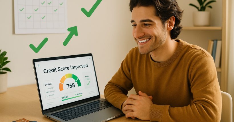 Person following fix your credit score improvement guide on a laptop using Monarch Money in a modern workspace, symbolizing financial empowerment and a 90-day credit repair journey
