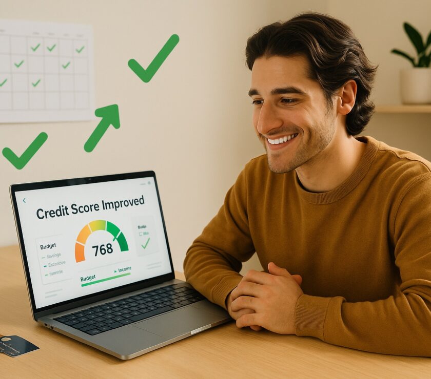 Person following fix your credit score improvement guide on a laptop using Monarch Money in a modern workspace, symbolizing financial empowerment and a 90-day credit repair journey