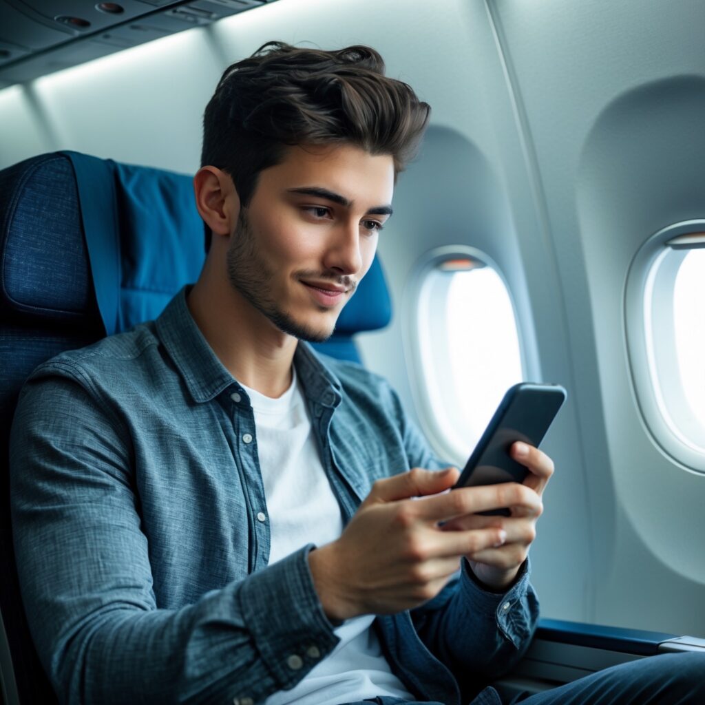 Gen Z fintech male on airplane using phone to bank.