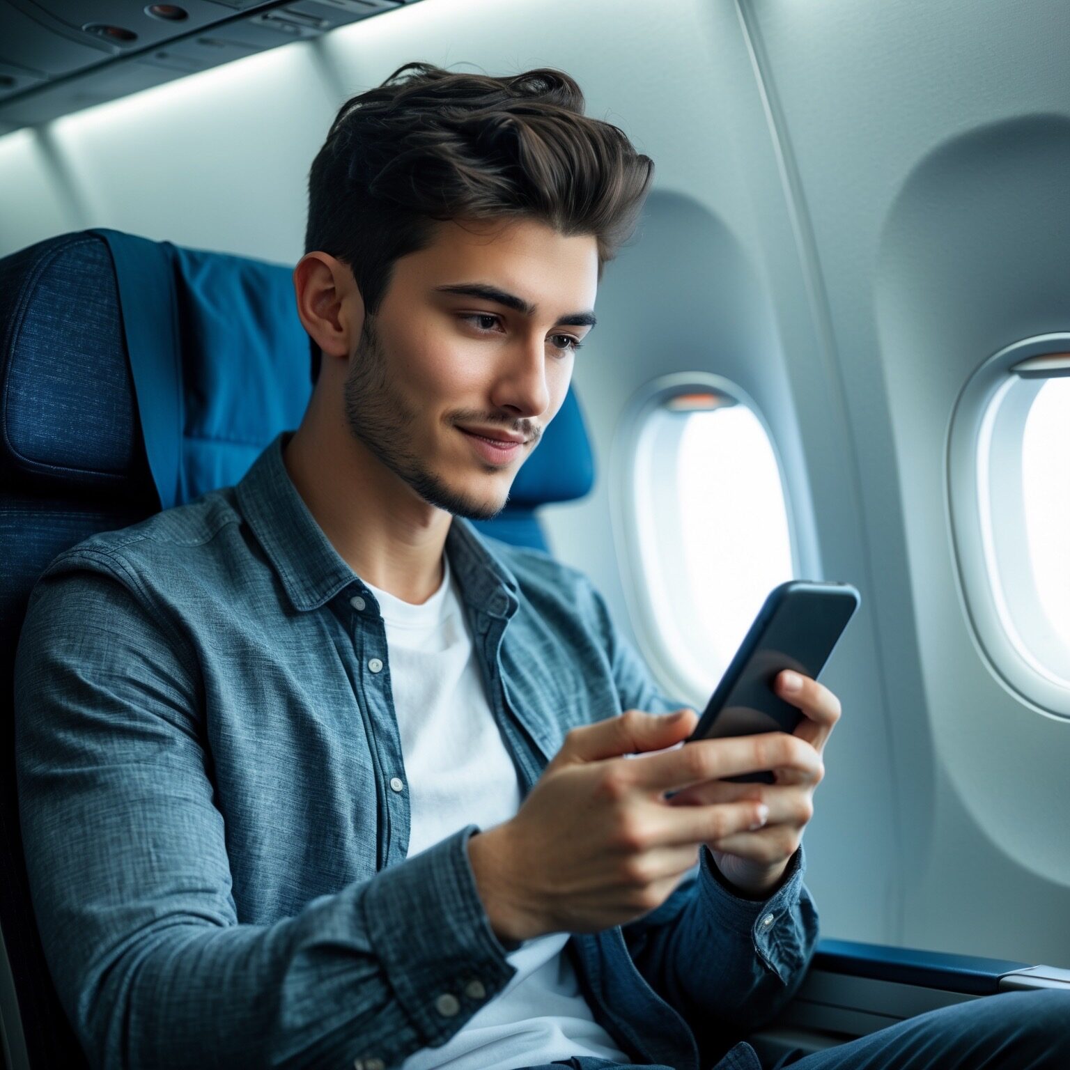 Gen Z fintech male on airplane using phone to bank.