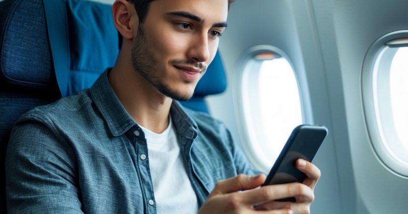 Gen Z fintech male on airplane using phone to bank.