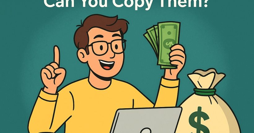 Illustration of a smiling young man in glasses holding cash and pointing upward, sitting at a desk with a laptop, stacks of money, and a large money bag, with the headline 'Money Habits That Made Millionaires in Their 30s—Can You Copy Them?' and the PersonalOne logo
