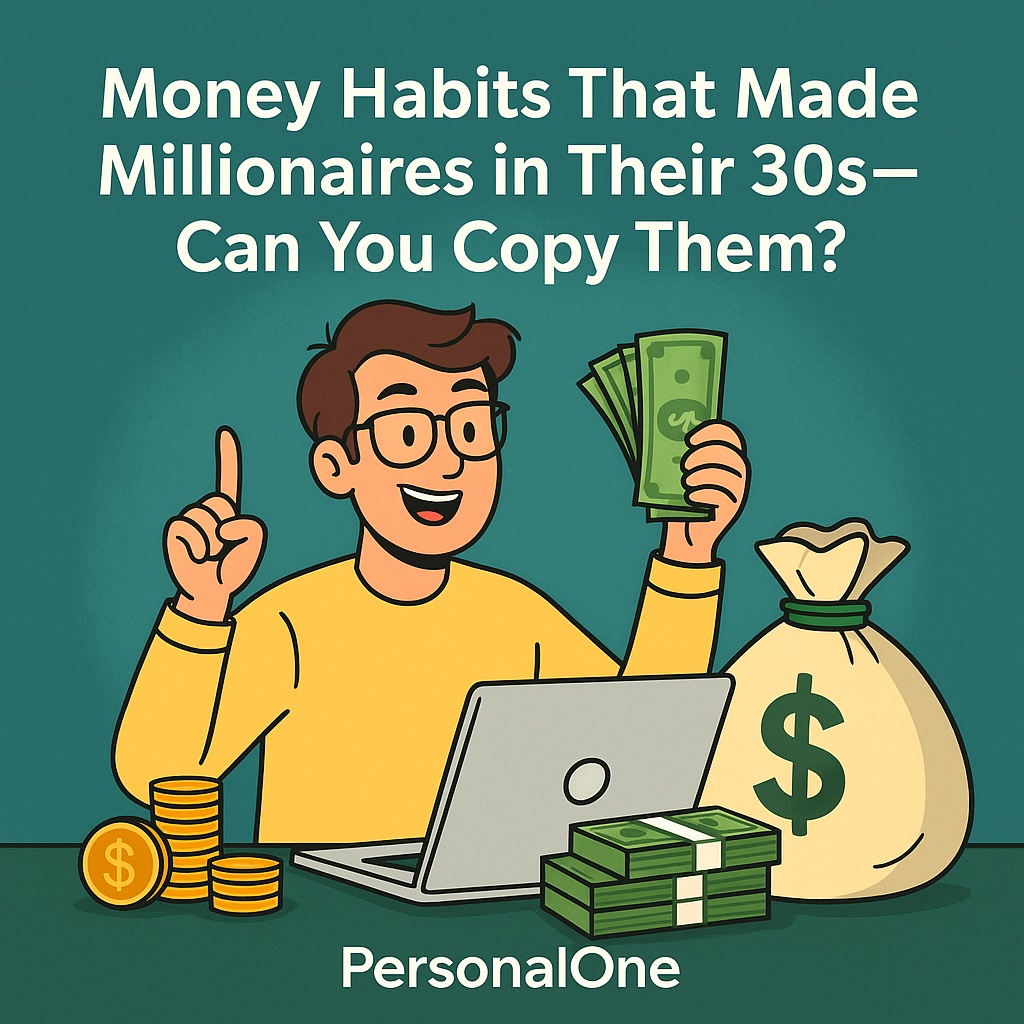 Illustration of a smiling young man in glasses holding cash and pointing upward, sitting at a desk with a laptop, stacks of money, and a large money bag, with the headline 'Money Habits That Made Millionaires in Their 30s—Can You Copy Them?' and the PersonalOne logo