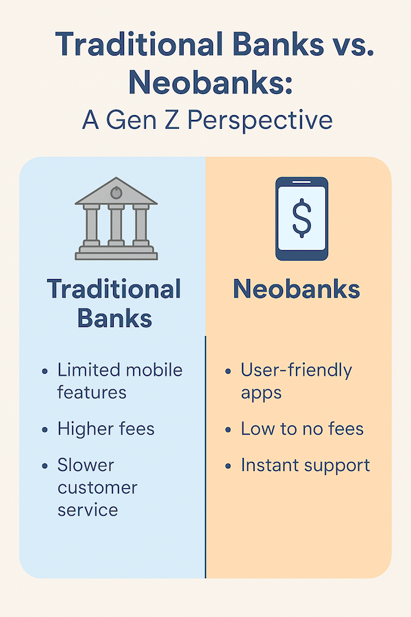 Infographic comparing traditional banks and neobanks from a Gen Z viewpoint, highlighting differences in fees, accessibility, and user experience