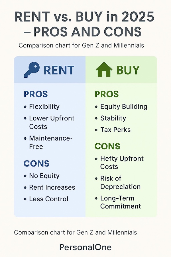Rent or Buy in 2025 infographic with comparison chart for Gen Z and Millennials