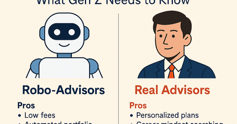 split screen of robo-advisors vs. human financial advisors.