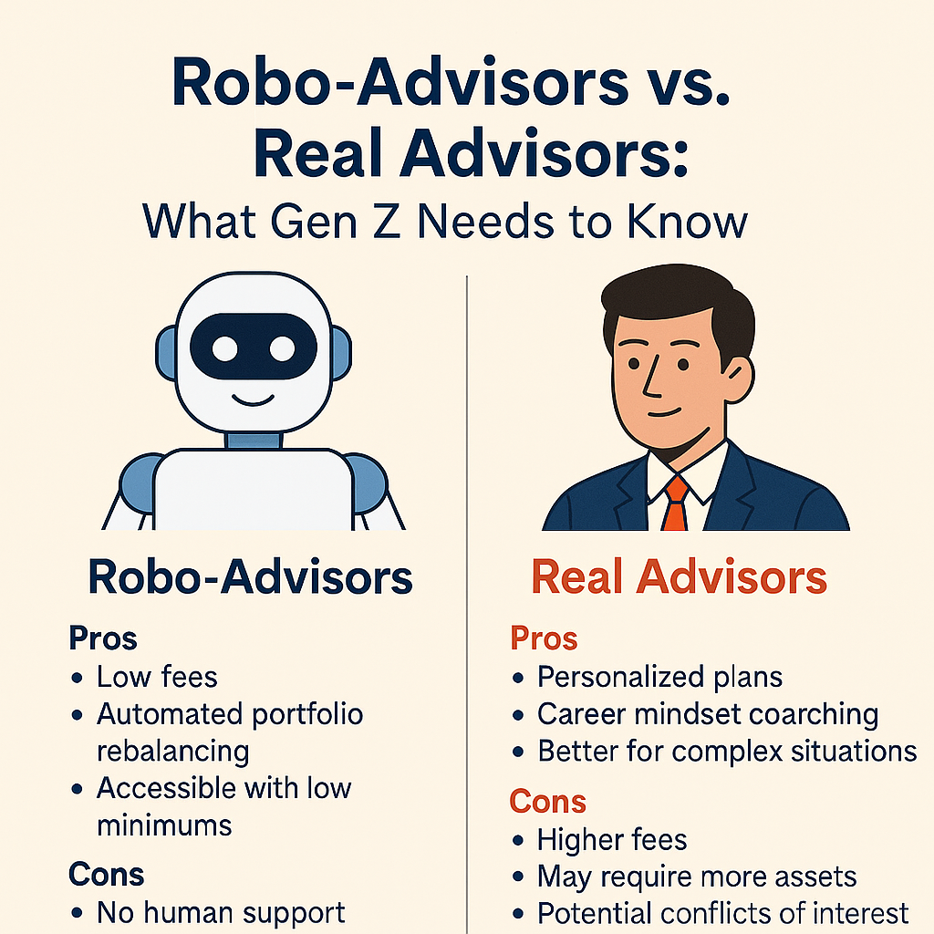 split screen of robo-advisors vs. human financial advisors.