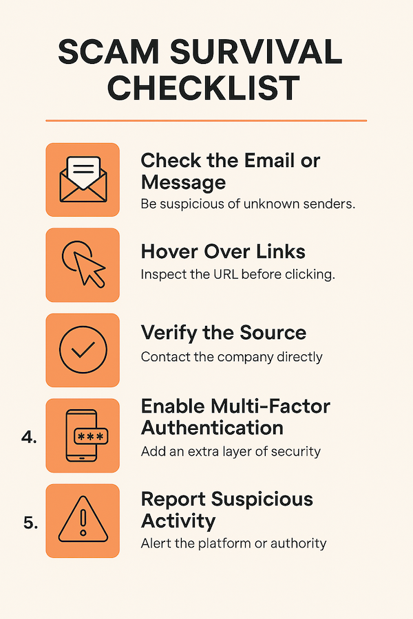 Infographic shows 5 steps to avoid online scams, including checking email sources, hovering over links, and enabling multi-factor authentication.