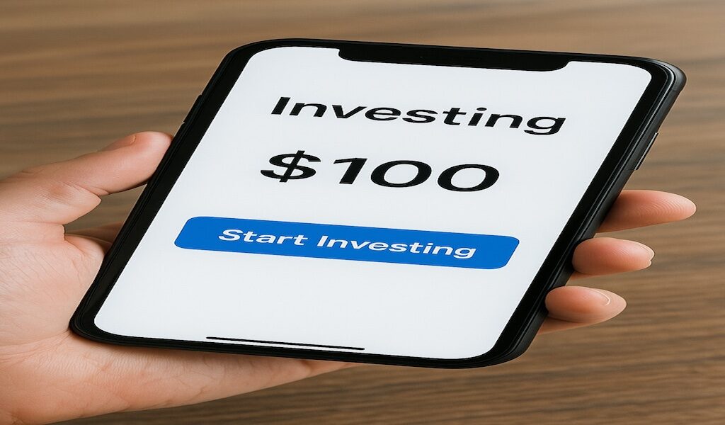 smartphone showing investing app with $100 balance, start investingsmartphone showing investing app with $100 balance, start investing