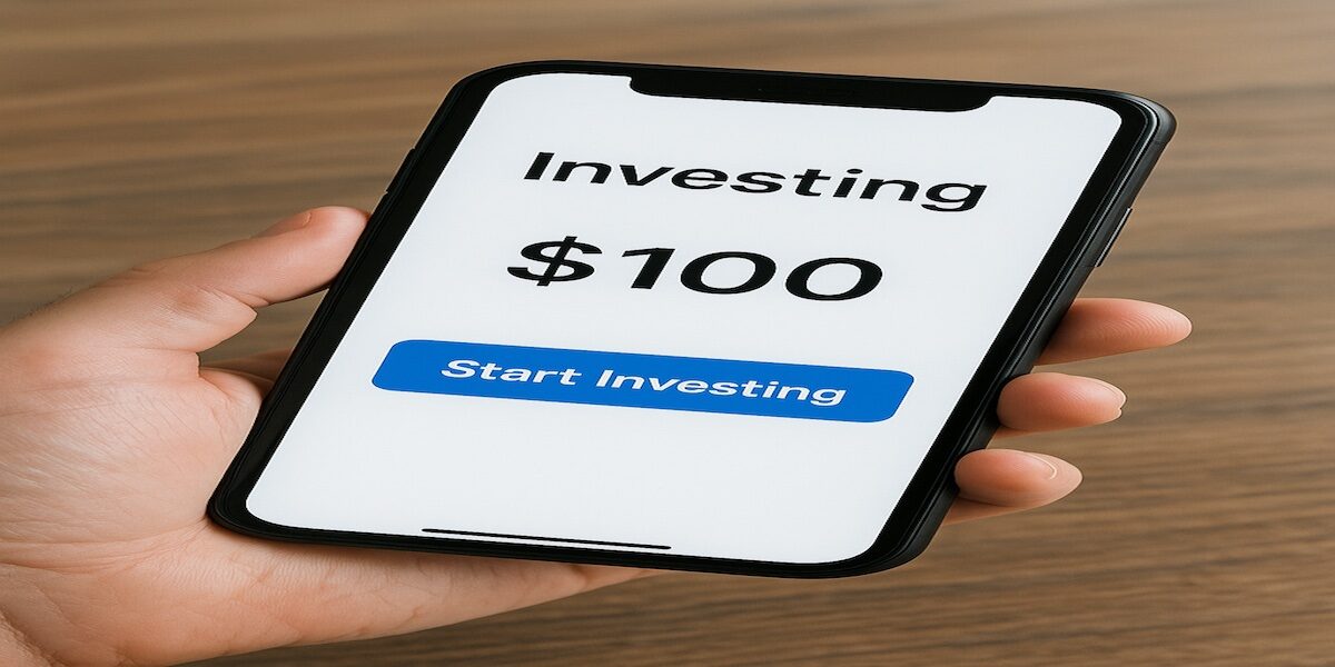 smartphone showing investing app with $100 balance, start investingsmartphone showing investing app with $100 balance, start investing