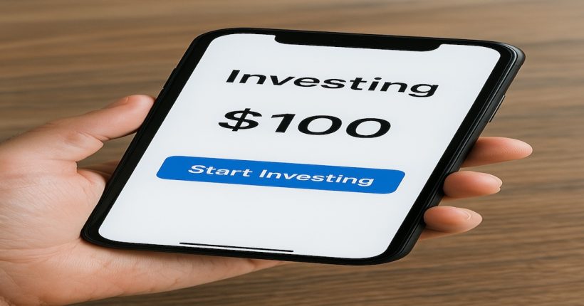 smartphone showing investing app with $100 balance, start investingsmartphone showing investing app with $100 balance, start investing