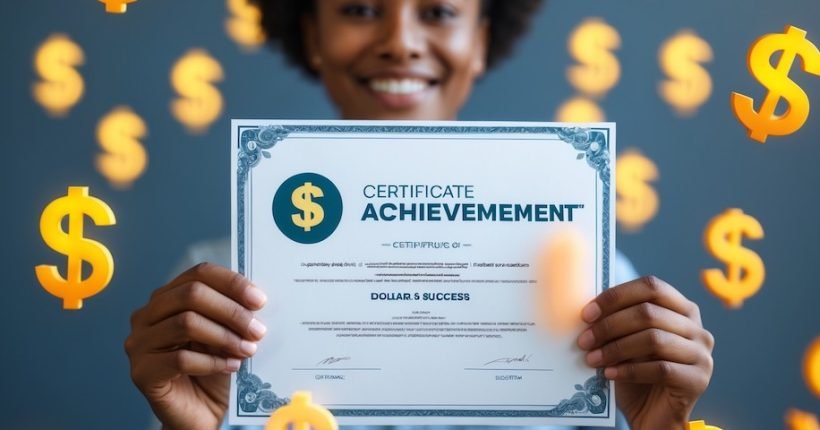 Person holding certificate with rising dollar icons - 10 certifications that boost paycheck