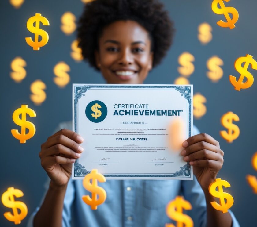 Person holding certificate with rising dollar icons - 10 certifications that boost paycheck