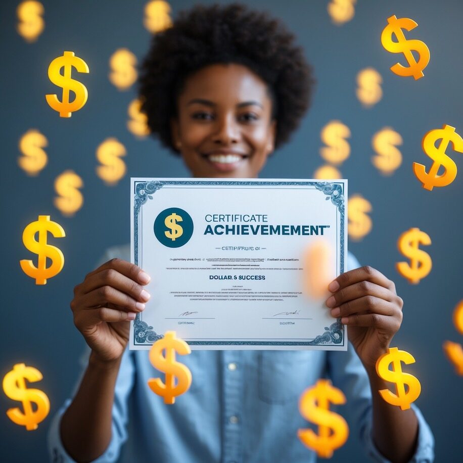 Person holding certificate with rising dollar icons - 10 certifications that boost paycheck