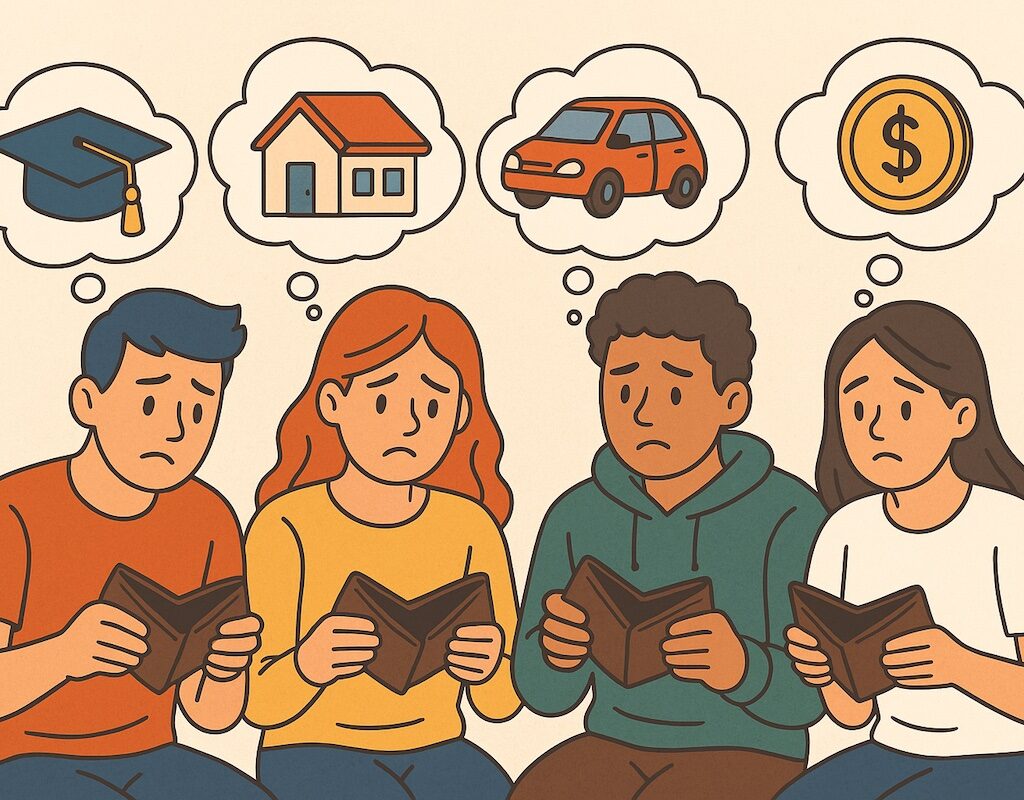 Why your friends might be broke, group of young adults with empty wallets and thought bubbles showing financial goals