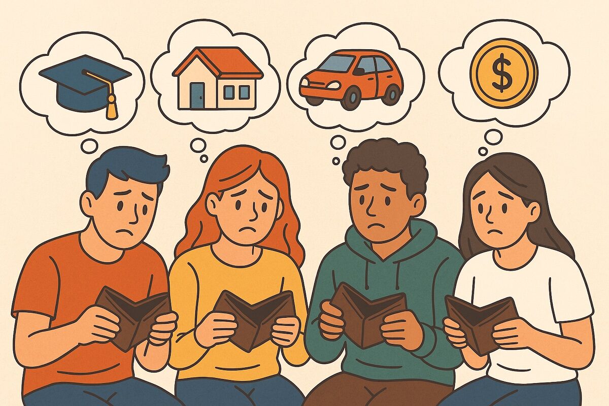 Why your friends might be broke, group of young adults with empty wallets and thought bubbles showing financial goals