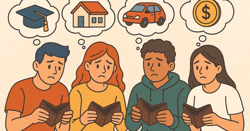 Why your friends might be broke, group of young adults with empty wallets and thought bubbles showing financial goals