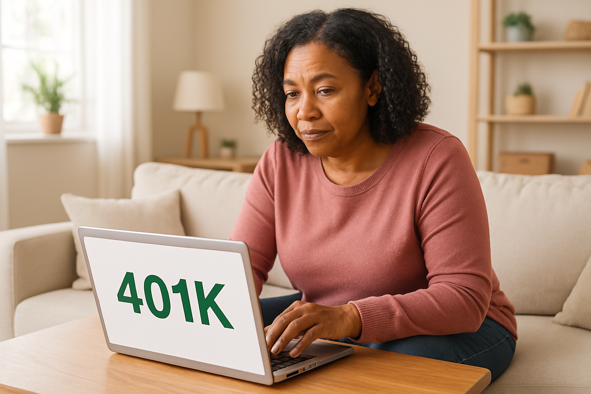 A middle age african american woman checks her 401(K) on a laptop on a coffee table in a bright lit middle class home