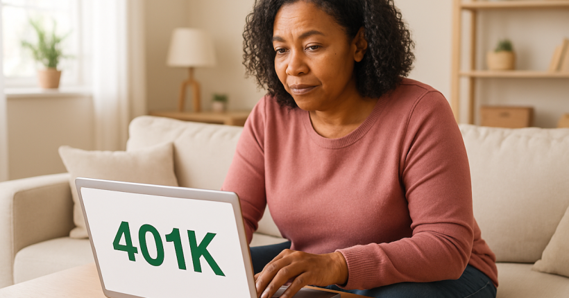 A middle age african american woman checks her 401(K) on a laptop on a coffee table in a bright lit middle class home