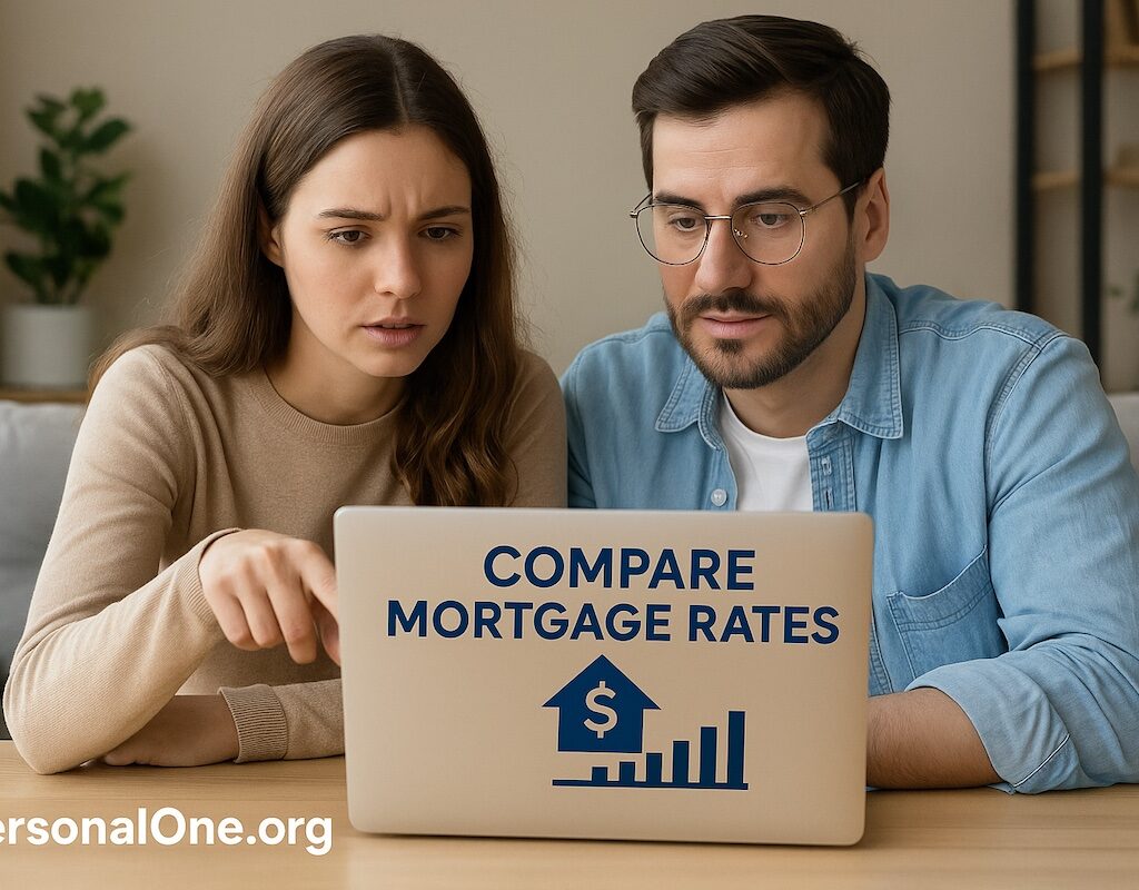 A young couple comparing mortgage rates on a laptop, symbolizing the search for the best online mortgage lenders