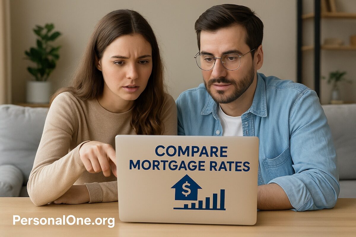 A young couple comparing mortgage rates on a laptop, symbolizing the search for the best online mortgage lenders