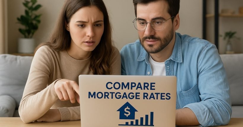 A young couple comparing mortgage rates on a laptop, symbolizing the search for the best online mortgage lenders