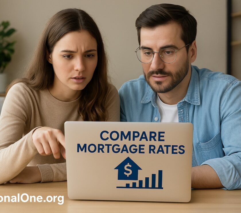 A young couple comparing mortgage rates on a laptop, symbolizing the search for the best online mortgage lenders