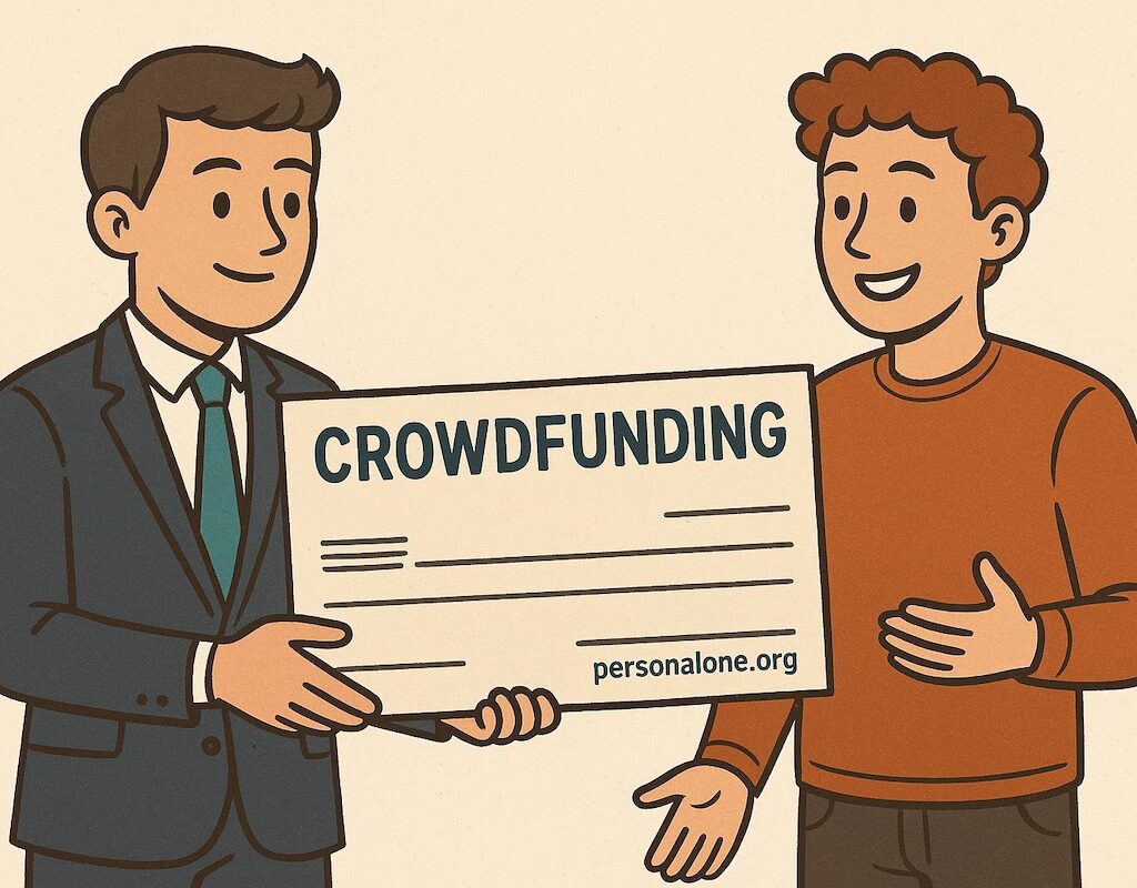 Crowdfunding financier hands check to new startup entrepreneur