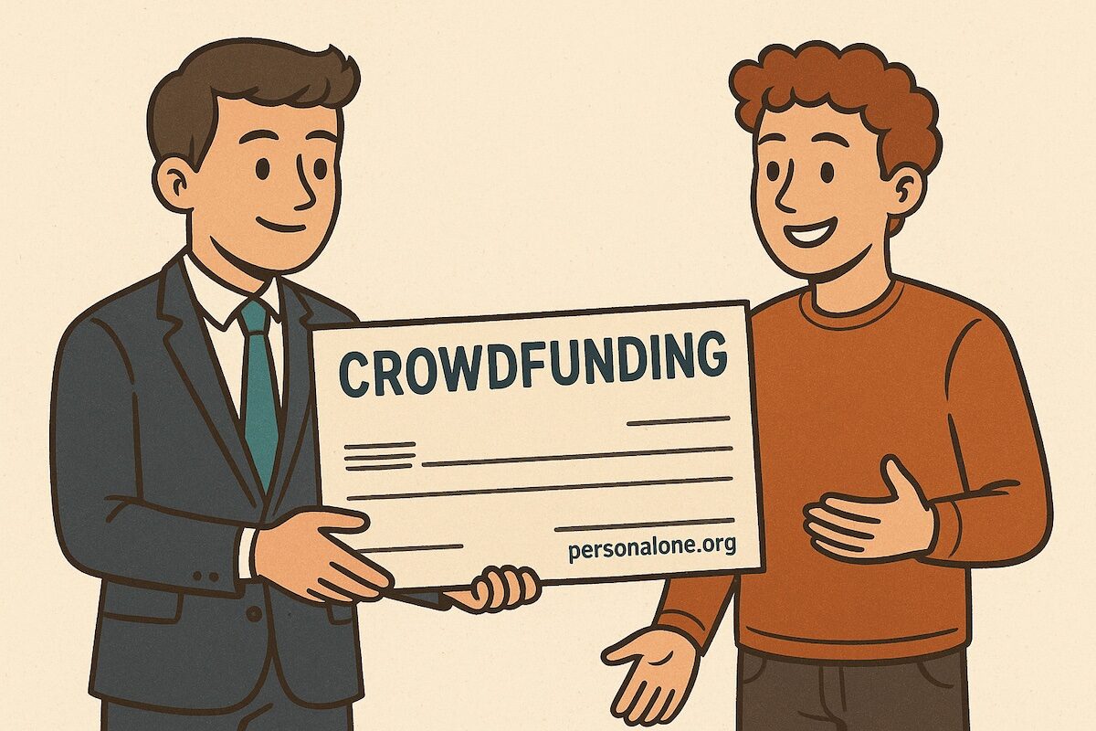 Crowdfunding financier hands check to new startup entrepreneur