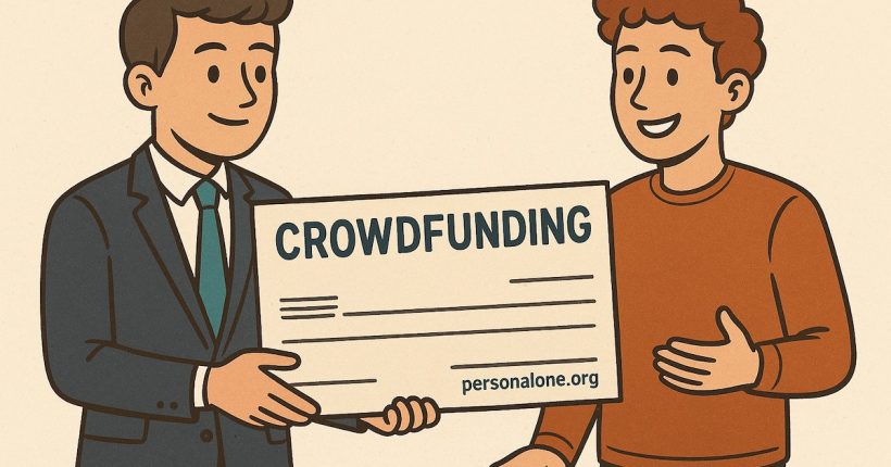 Crowdfunding financier hands check to new startup entrepreneur
