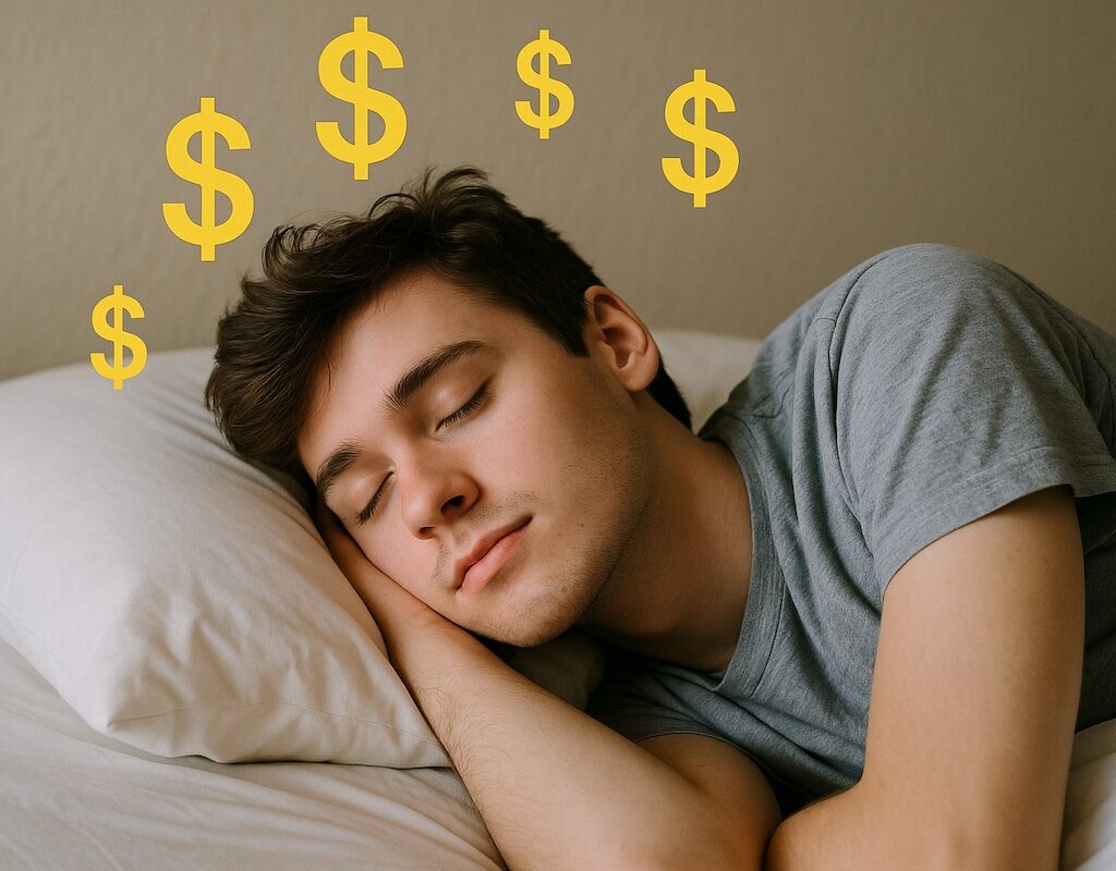 Person sleeping peacefully while dollar signs float overhead dreaming of passive income 2025