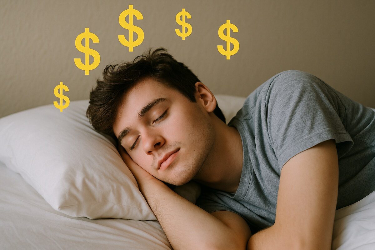 Person sleeping peacefully while dollar signs float overhead dreaming of passive income 2025