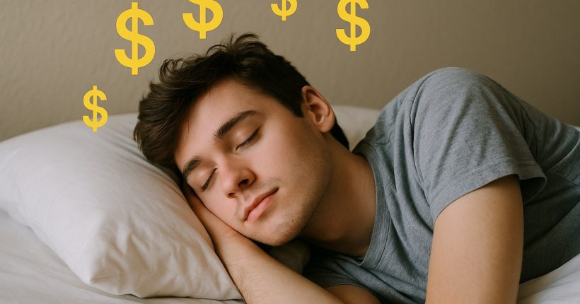 Person sleeping peacefully while dollar signs float overhead dreaming of passive income 2025