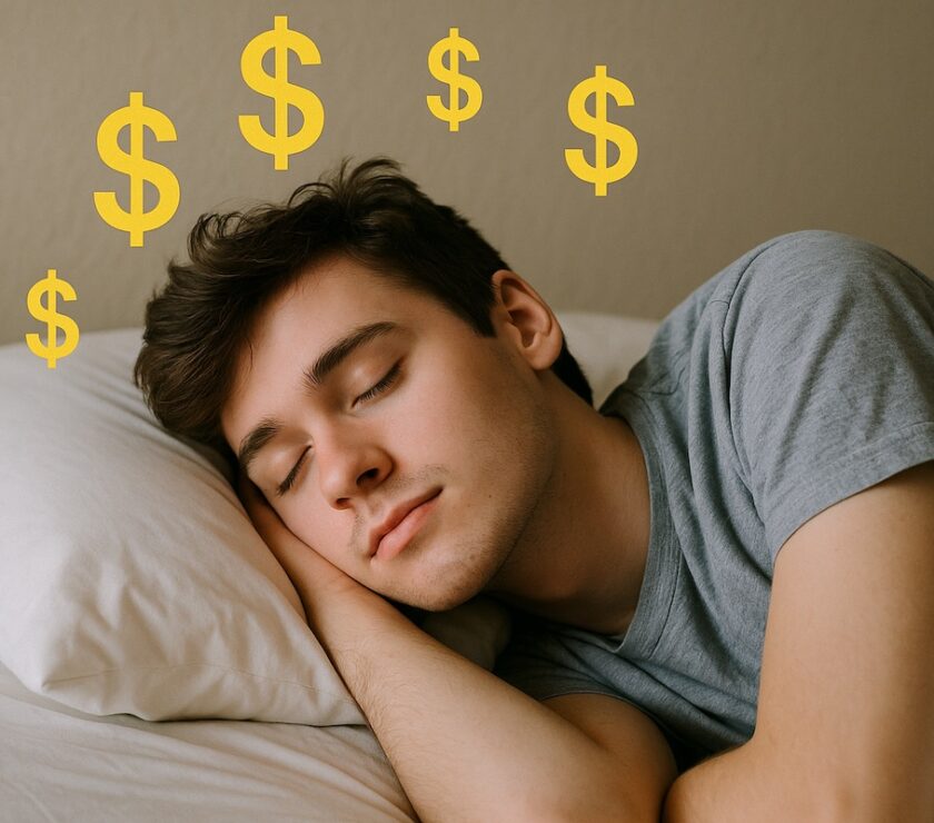 Person sleeping peacefully while dollar signs float overhead dreaming of passive income 2025