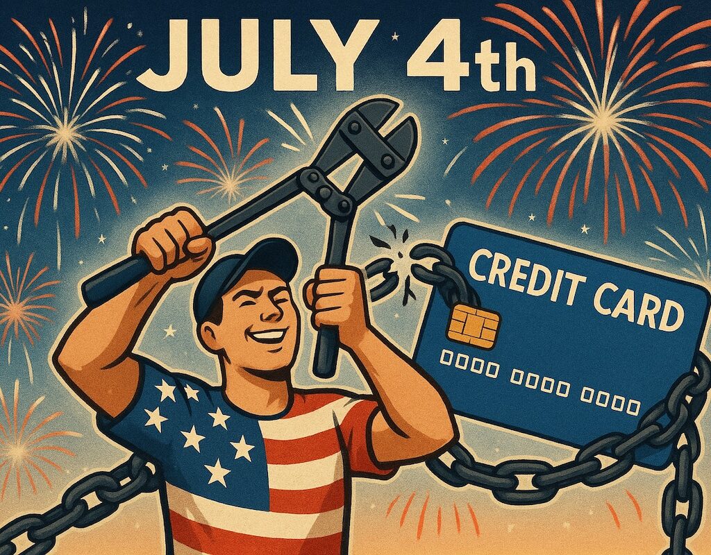 Illustration of a person cutting credit card to break free from debt on July 4th with fireworks in the background