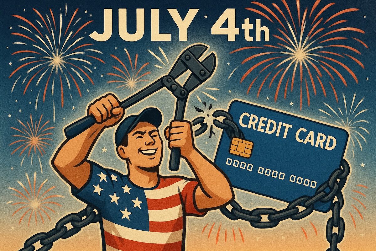Illustration of a person cutting credit card to break free from debt on July 4th with fireworks in the background