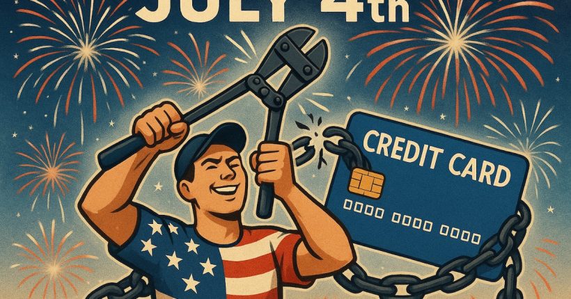 Illustration of a person cutting credit card to break free from debt on July 4th with fireworks in the background