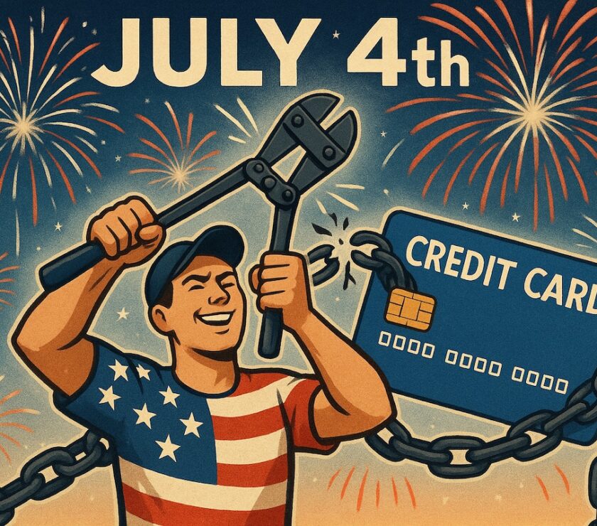Illustration of a person cutting credit card to break free from debt on July 4th with fireworks in the background