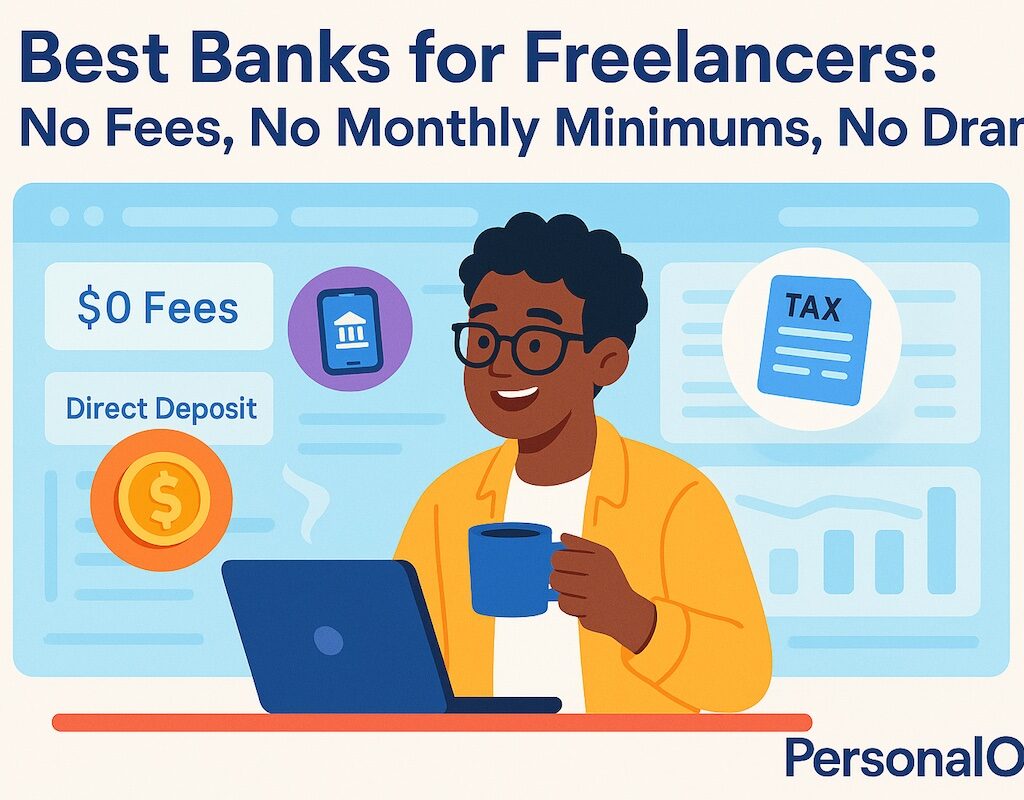 A smiling freelancer at a laptop with icons of dollar signs, mobile banking apps, and “no fee” features, representing modern no-fee banking in 2025