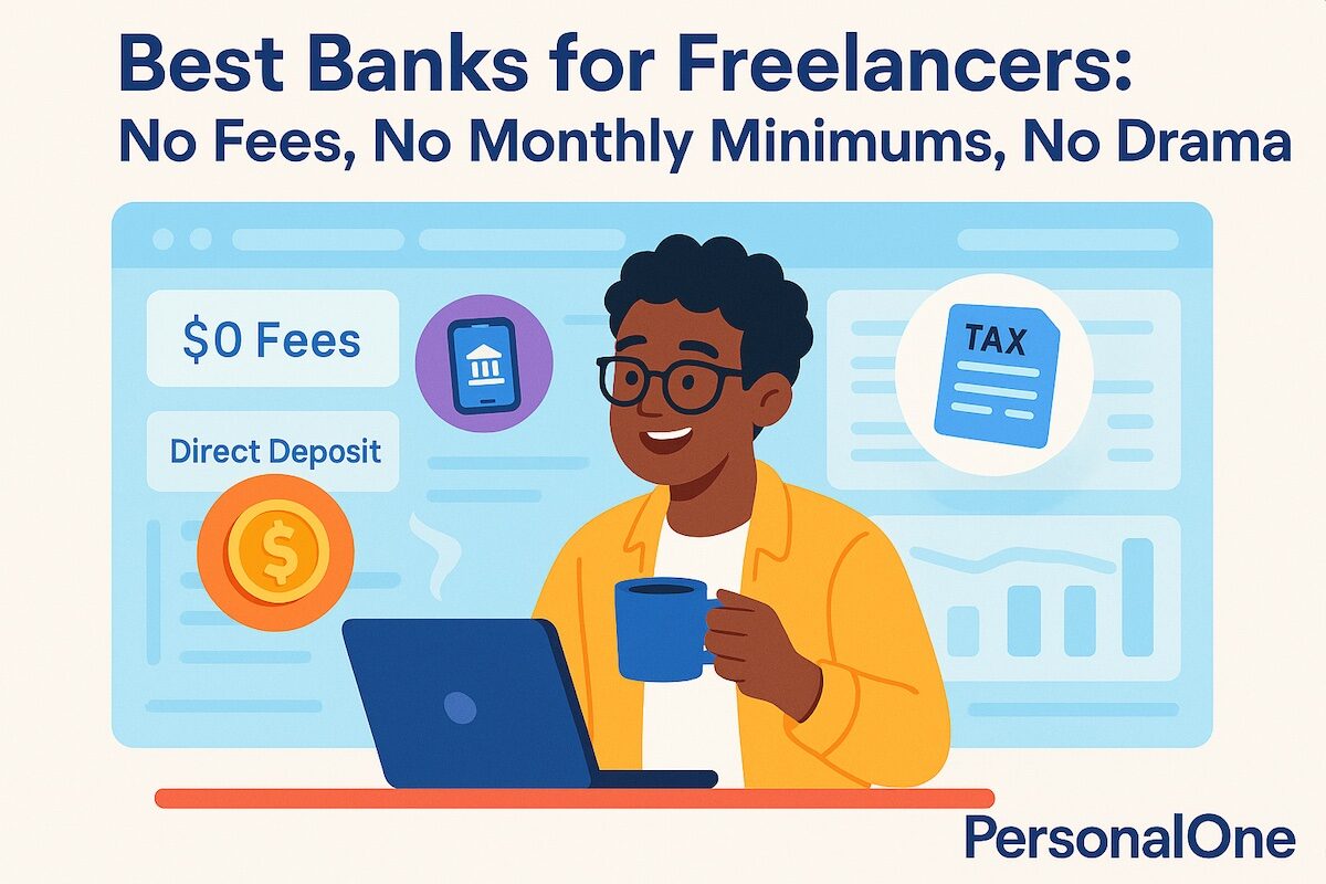A smiling freelancer at a laptop with icons of dollar signs, mobile banking apps, and “no fee” features, representing modern no-fee banking in 2025