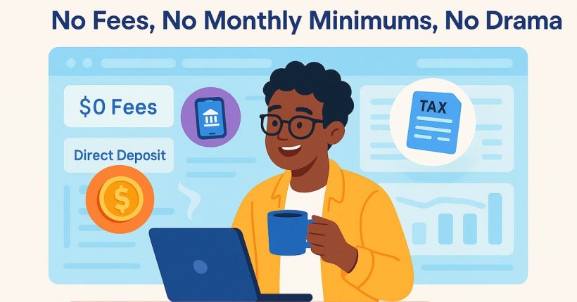 A smiling freelancer at a laptop with icons of dollar signs, mobile banking apps, and “no fee” features, representing modern no-fee banking in 2025